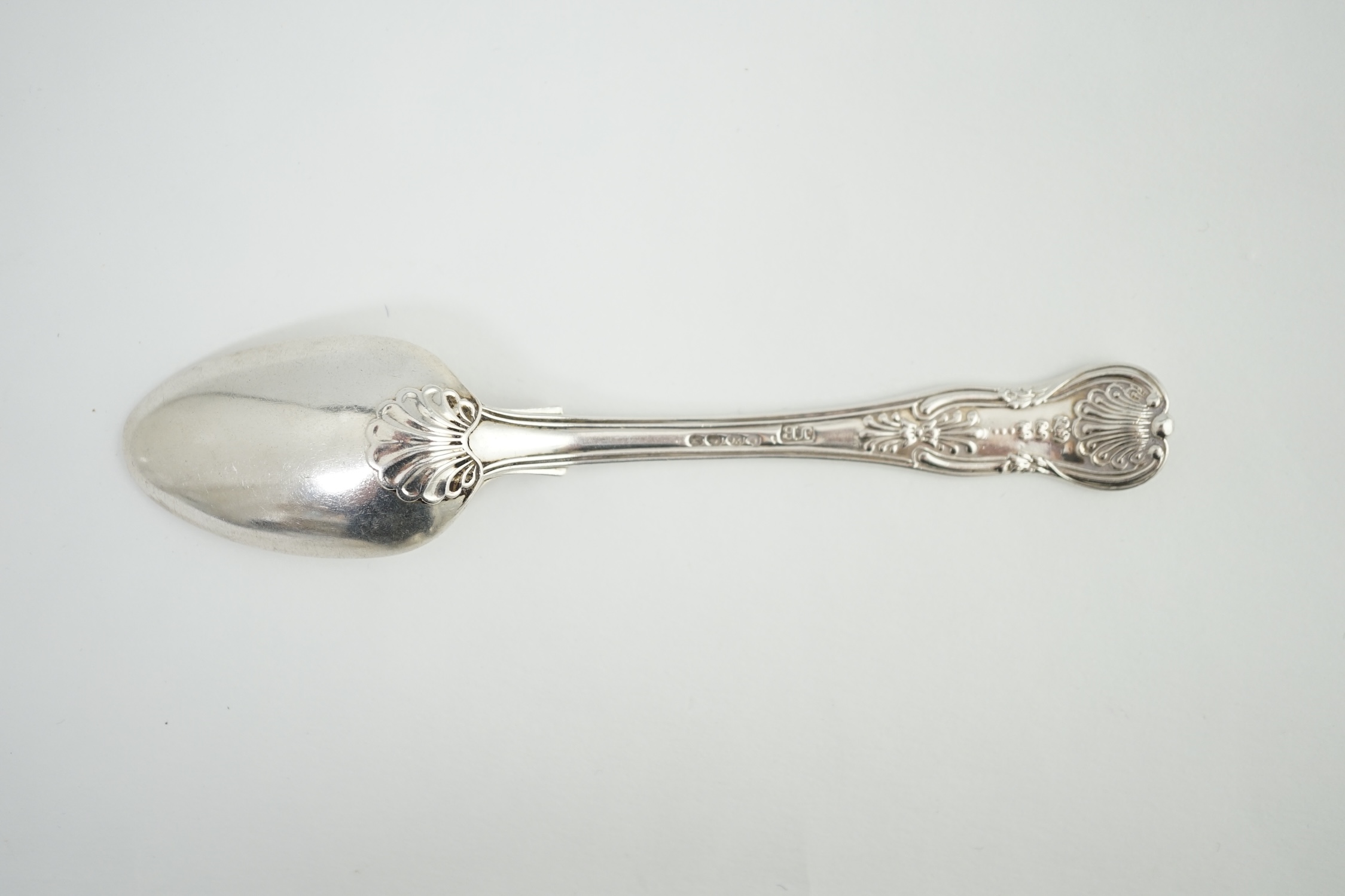 A harlequin set of eight Georgian and Victorian silver Kings pattern teaspoons, various dates and makers